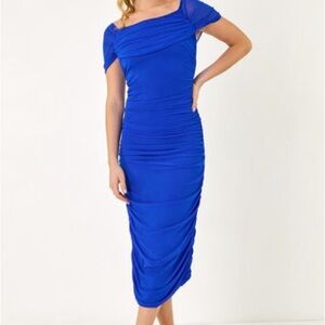 Royal Blue Ruched Off-Shoulder Midi Dress | Size M | Never Worn